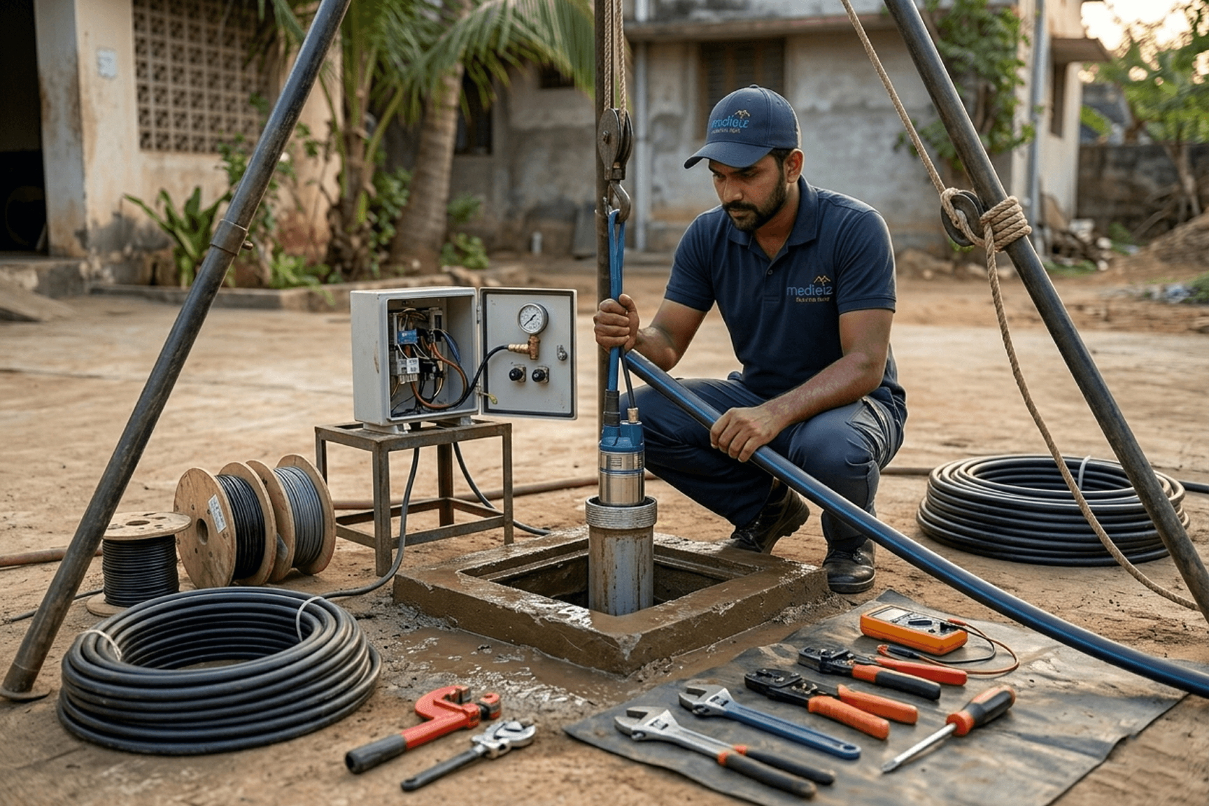 Borewell motor fixing works