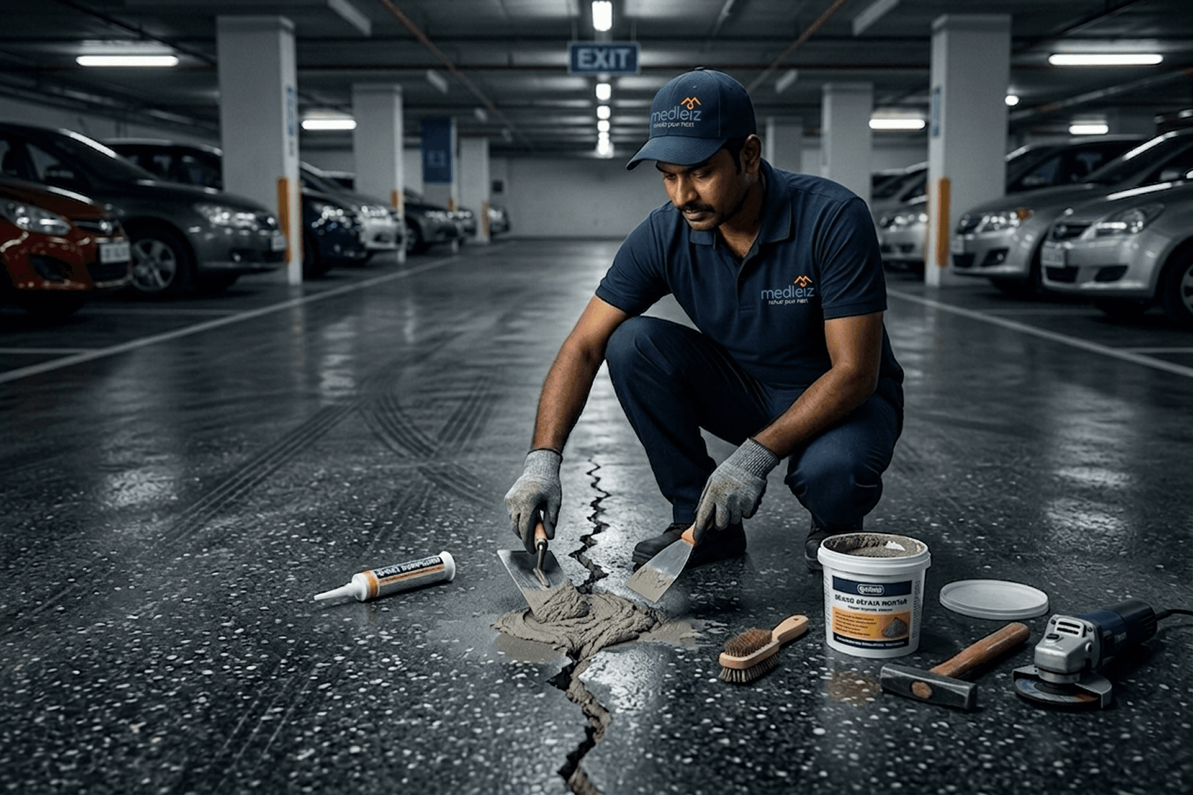 Parking grano flooring cracks rectification work